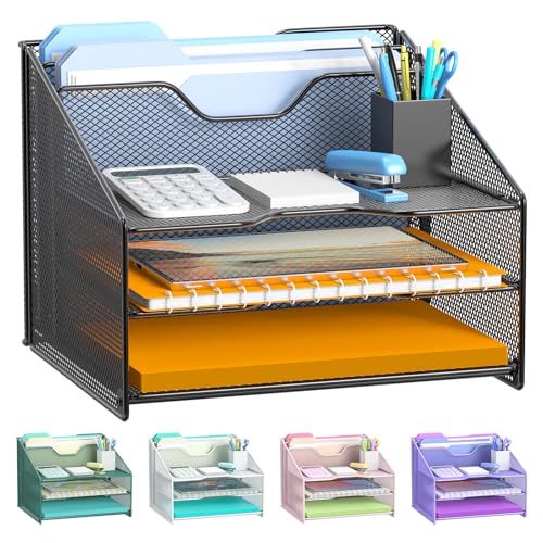 Samstar Desk File Organizer, Mesh Letter File Folder Holder with 3 Paper Trays and 2 Vertical Upright Section, for Office Supplies,Desk Accessories & Workspace,Black. - color: 1 Pack Black