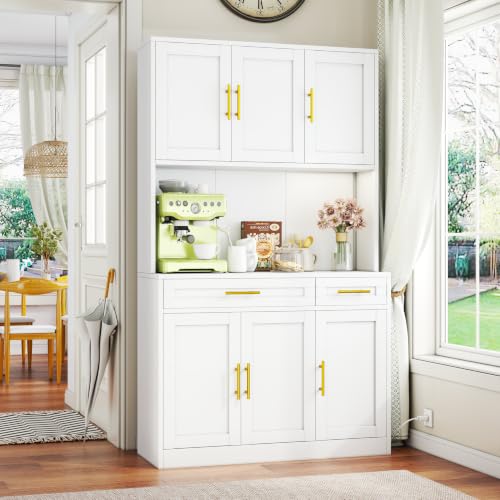 GAIOUS 71" Metal Kitchen Pantry Cabinet, Buffet Sideboard with Drawers | 6 Doors 4 Adjustable Shelves Open Countertop Charging Cable Hole Coffee Bar Cabinet Cupboard for Dining Living White - color: White, size: 15"D x 41"W x 71"H