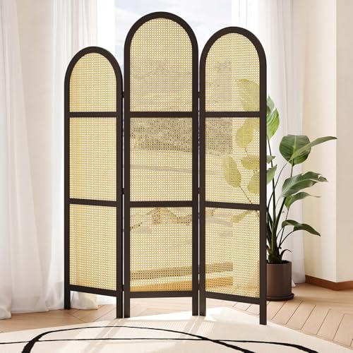 3-Panel Hand-Woven Rattan Room Divider, Tall Foldable Privacy Screen with Wooden Frame - Freestanding Portable Partition for Home Office, Bedroom, Bathroom(Black-Wave) - color: Black-wave, size: 3 Panels