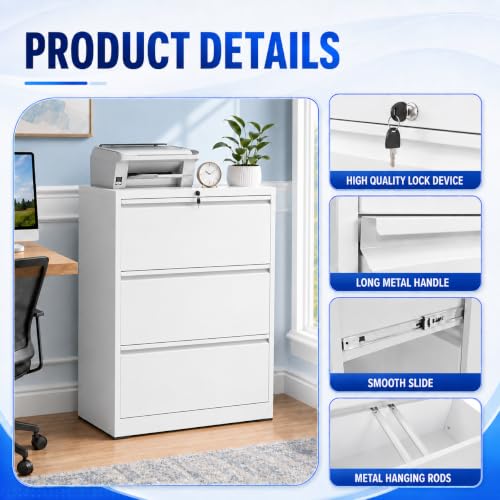 3 Drawer File Cabinet with Lock, Metal File Cabinet, White - color: White, size: 40.4"H - 3 Drawer