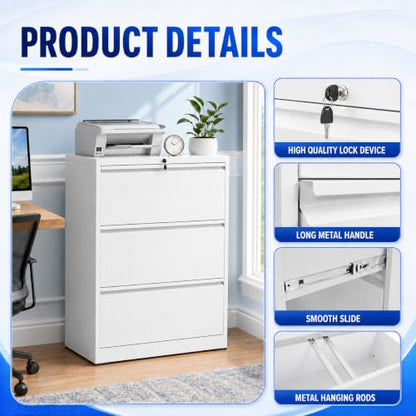 3 Drawer File Cabinet with Lock, Metal File Cabinet, White - color: White, size: 40.4"H - 3 Drawer