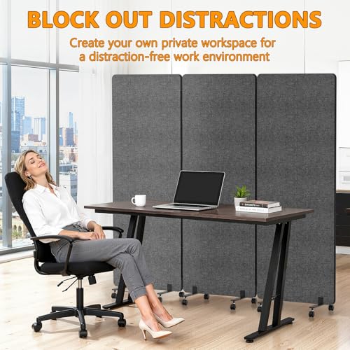 Soundproof Room Divider with Wheels, 66in Acoustic Room Divider Panel, 3 Panel Office Partition Wall for Noise Cancelling, Portable Temporary Wall Cubicle Divider (Dark Gray) - color: Dark Gray