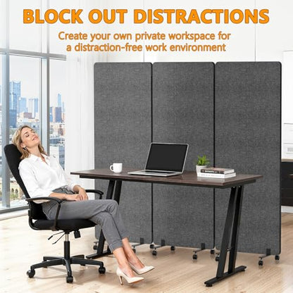Soundproof Room Divider with Wheels, 66in Acoustic Room Divider Panel, 3 Panel Office Partition Wall for Noise Cancelling, Portable Temporary Wall Cubicle Divider (Dark Gray) - color: Dark Gray