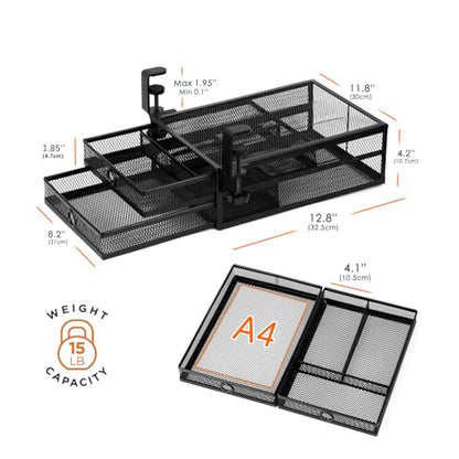 Under Desk Drawer, Clamp on Desk Organizer Slide Out Table Storage No Drill - color: Black - 2 Tier
