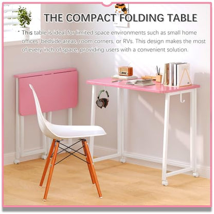 4NM 31.5" Mobile Small Folding Desk, Foldable Rolling Computer Home Office Desk, Study Writing Table for Small Space Saving Bedroom, with Wheels - Pink and White - color: Pink and White, size: 31.5"W x 15.7"D