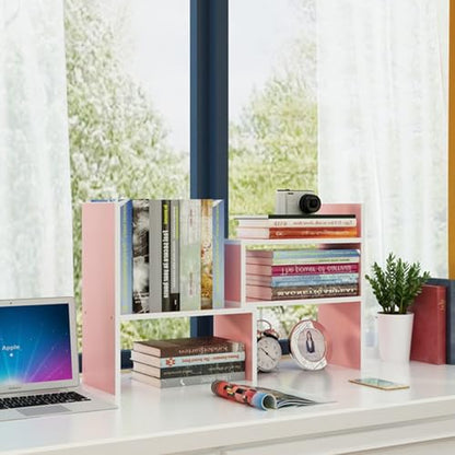 Desktop Shelf Organizer, Adjustable Wood Office Storage Rack, Counter Display Small Bookshelf for Home/Office/School(Pink) - color: Pink