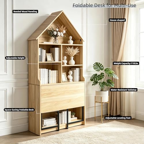 73.22" Folding Craft Desk with Storage Shelves & Hideaway Bookshelf, Wood - color: Brown, size: 31.5"L x 11.42"W x 73.22"H