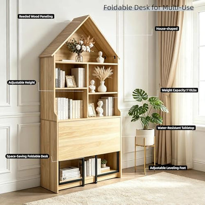 73.22" Folding Craft Desk with Storage Shelves & Hideaway Bookshelf, Wood - color: Brown, size: 31.5"L x 11.42"W x 73.22"H