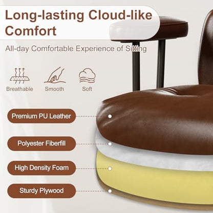 Mid-Century Modern Ergonomic Office Chair, High Back Headrest, Brown | Faux Leather Executive Desk Chair, Walnut Bentwood & Adjustable Headrest, Swivel Computer Chair for Home Office, 300LBS Cap - color: Brown, size: High Back Style