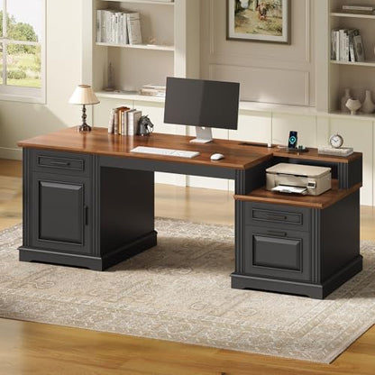 SEDETA Farmhouse Executive Desk, 62'' Home Office Desk with File Drawers, 3Drawer and Storage Cabinet, Computer Desk with Power Outlet for Home Office, Work Study Writing, Black + Walnut - color: Black + Walnut