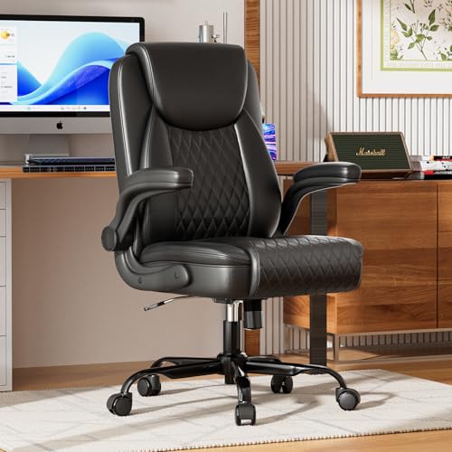 GTPLAYER PU Leather Office Chair, Home Desk Chair with Flip-up Arms, Black | Ergonomic Back, Memory Foam Cushion, Comfy Executive Chair for Home Office Gaming, Flexible Rocking, Heavy Duty Chairs - color: Black