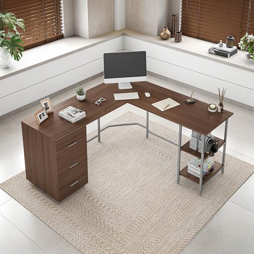 Techni Mobili L Shaped Desk - Two-Toned Computer Desks for Home Office with Storage Shelves & Cabinet - Simple Modern Furniture & Office Space Corner Table for Work & Writing - Grey & Walnut - color: Walnut