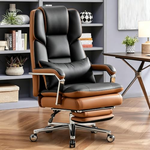 Furniliving Big and Tall Office Chair with Footrest, PU Leather High Back Executive Office Chair with Adjustable Lumbar Support, Wide Seat Reclining Desk Chair with Armrest, Height Adjustment, Black - color: Black 2