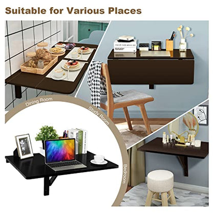 COSTWAY Wall Mounted Folding Table, 31.5" x 23.5" Drop-Leaf Floating Writing Desk for Small Spaces, Space-Saving Fold Down Laptop Workstation for Kitchen, Bedroom, Laundry Room, Study Room (Brown) - color: Brown