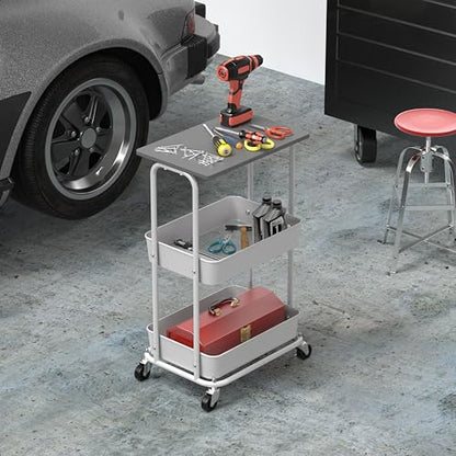 Simple Houseware 2-Tier Rolling Utility Cart Wood Top/Lockable Wheel, Gray | Metal Storage Organizer Trolley for Kitchen, Bathroom, Office, Craft Room - color: Grey