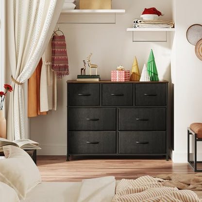 WLIVE 7 Drawer Dresser TV Stand, Entertainment Center, Media Console Table with Metal Frame and Wood Top for TV up to 45 inch, Chest of Drawers for Bedroom, Living Room, Black and Rustic Brown - color: Black and Rustic Brown