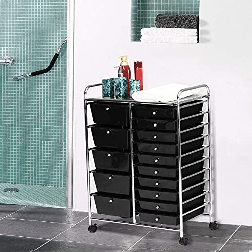 COSTWAY 15 Drawer Rolling Storage Cart, Mobile Utility Cart with Lockable Wheels, Drawers, Multipurpose Organizer Cart for Home, Office, School, Black - color: Black