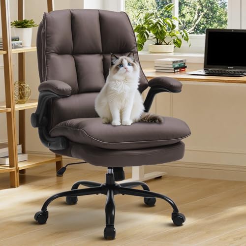 Comfy Office Chair Soft and Double Cushioned Ergonomic Computer Desk Chair | Suitable for Long Hours Executive Office Chair with Flip-up Armrests and Height Adjustment for Home Office Brown - color: Brown