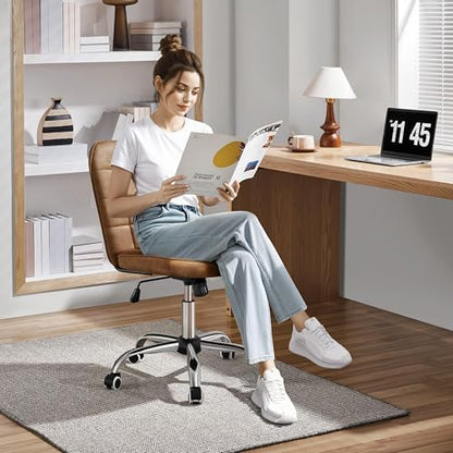 Yaheetech Retro Brown Tufted Armless Desk Chair with Wheels, Faux Leather - color: Retro Brown