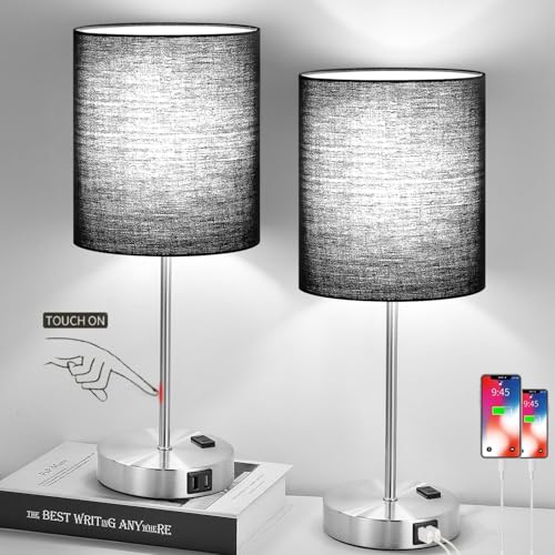 Lynnoland Set of 2 Touch Control Table Lamps with 2 USB & AC Outlet, 3-Way Dimmable Bedside Nightstand Lamps for Bedroom Living Room Nursery, 800 Lumens 5000K Daylight Bulbs Included - color: Black & Brushed Nickel (Base) - 5000K