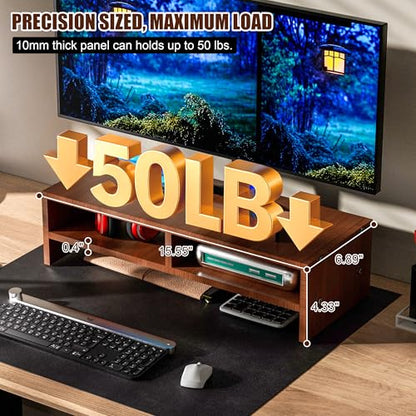 Wood Monitor Stand Riser with Storage Walnut Brown | 2 Tiers, Ergonomic Computer Stand for Laptop/PC/Printer, 16" Compact Wooden Desk Organizer, 50 lbs Weight Capacity