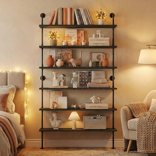 Industrial Pipe Bookshelf, Wall Mounted Shelf, 48 Inch, Black - color: Black, size: 48 Inch