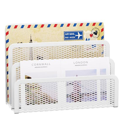 Marbrasse Mail Organizer for Desk, 3-Slot Mesh Metal Mail Holder countertop, Letter Holder, Office Desktop Envelope and Document Storage Rack (White) - color: White