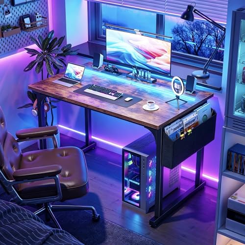DurayLoly 40" Computer Desk with Waterproof LED Lights for Bedroom,Brown - color: Rustic Brown, size: 40 IN