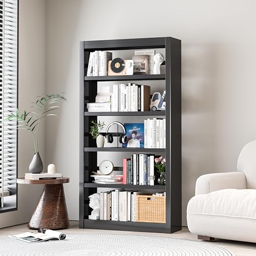 5-Tier Metal Bookshelf, 69″ Heavy-Duty Bookcase, Adjustable Sturdy Shelves - color: Black, size: 31.5"W