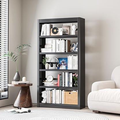 5-Tier Metal Bookshelf, 69″ Heavy-Duty Bookcase, Adjustable Sturdy Shelves - color: Black, size: 31.5"W