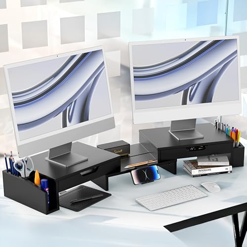 Simple Houseware Desk Dual Monitor Stand Riser with 2 Drawers, Black - color: Black