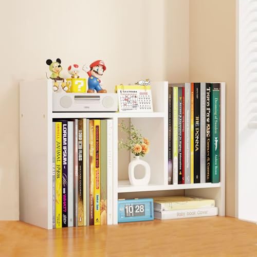 Desktop Shelf Organizer, Adjustable Wood Office Storage Rack, Counter Display Small Bookshelf for Home/Office/School(White) - color: White