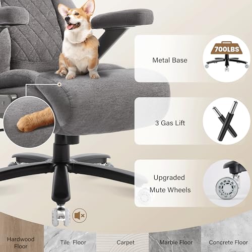 Fabric 700lbs Big and Tall Office Chair, Ergonomic Heavy Duty Executive Cloth Office Chair with 5D Flip Arms & Adjustable Lumbar Support & Dual Rubber Wheel, Large Thick Padded Extra Wide Seat, Grey - color: Grey