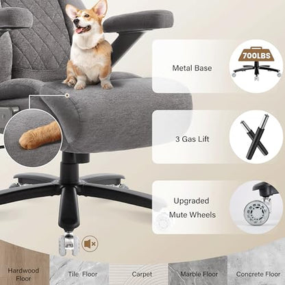 Fabric 700lbs Big and Tall Office Chair, Ergonomic Heavy Duty Executive Cloth Office Chair with 5D Flip Arms & Adjustable Lumbar Support & Dual Rubber Wheel, Large Thick Padded Extra Wide Seat, Grey - color: Grey