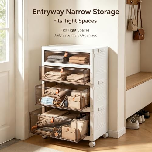4-Tier Foldable Plastic Drawer Storage with Wheels,Stackable Storage Bins with Lid,Organization and Storage Boxes for Kitchen,Cloakroom,Closet,Living Room,Office and Dorm - size: 15.35''