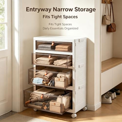 4-Tier Foldable Plastic Drawer Storage with Wheels,Stackable Storage Bins with Lid,Organization and Storage Boxes for Kitchen,Cloakroom,Closet,Living Room,Office and Dorm - size: 15.35''