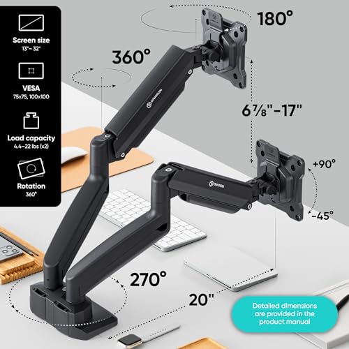 ONKRON Dual Monitor Arm 13-32 Inch, 22 lbs (x2), max VESA 100x100, Black | Double monitor desk mount with 20" extension, gas spring, swivel, tilt, rotation; Clamp or grommet mount for office & gaming