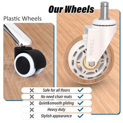 WEWILL Office Chair Wheels - Rubber Casters Replacement Universal Fit 98% Chair(Set of 5) Heavy Duty 3 Inch Smoothly & Quietly Safe for All Floor, Hardwood, Tile, Carpet, Noise Free - White - color: White