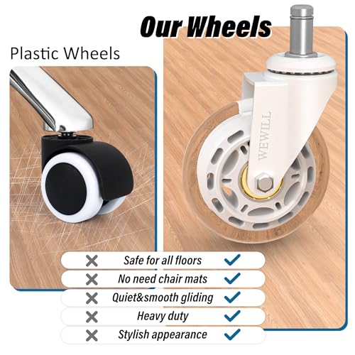 WEWILL Office Chair Wheels - Rubber Casters Replacement Universal Fit 98% Chair(Set of 5) Heavy Duty 3 Inch Smoothly & Quietly Safe for All Floor, Hardwood, Tile, Carpet, Noise Free - White - color: White