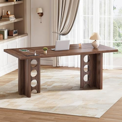 63 Inch Executive Desk with Power Outlet, Modern Computer Office Desks, Large Laptop Desk Writing Table Workstation Business Furniture for Home Office, Brown - color: Brown