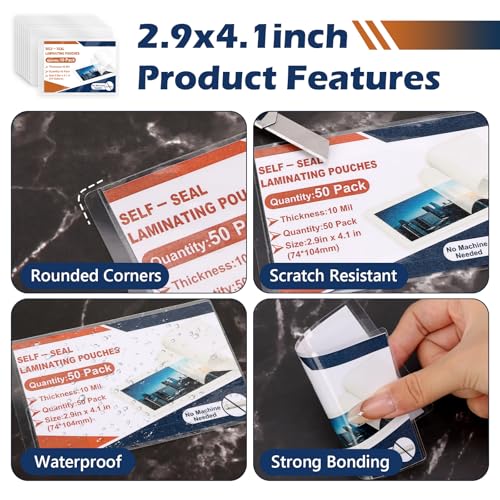 10 Pack 10 Mil 2.9"x4.1" Self Sealing Laminating Pouches for 2.5“ x 3.5” Card Plastic Laminating Sheets Business Card Size Clear Lamination Paper for Office School Home Supplies（No Laminator Need) - size: 2.5x3.5inch