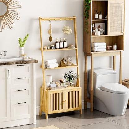 Bookshelf with Drawers, 4-Tier Bamboo Bookcase Ladder Shelf with 6 Hooks - color: 4-tier Natural