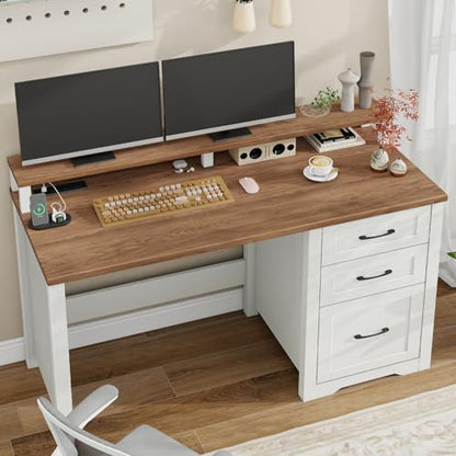 Vabches 47" Farmhouse Executive Desk with 3 Drawers,LED Lights,Unique White - color: Unique White, size: 3 Drawers & Monitor Stand