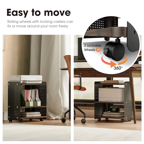 Fenge 3D Printer Stand, Heavy Duty Printer Cart with Wheels, Brown | 17.8"W x 13.2"D x 21.8"H, Heavy Duty Pegboard Storage Organizer with Adjustable Shelf, 3-Tier Home Office Stand - color: Brown