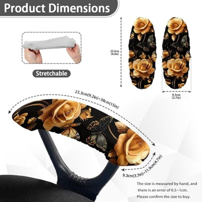Rose Butterfly Print Office Chair Arm Covers Protectors, Elastic Chair Armrest Slipcovers Soft Comfy Desk Chair Armrest Covers, Universal Game Chair Arm Rest Covers - color: Black and Gold - Rose Butterfly