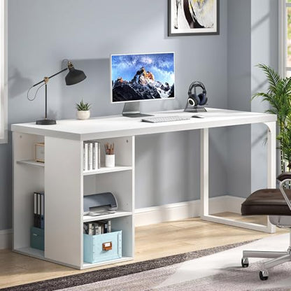 EXCEFUR White Computer Desk with Storage Shelves, Modern Home Office Desk, Reversible Wood and Metal Writing Study Table Workstations for Living Room Bedroom, 53 Inch - color: White