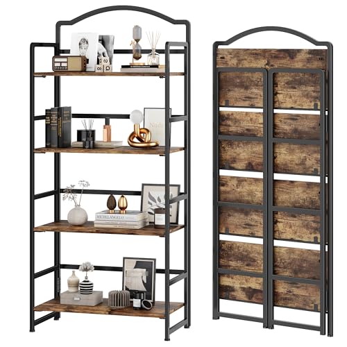 JSB 4 Tier No Assembly Folding Bookshelf, Arched Bookshelf, Foldable Bookcase for Living Room, Bedroom, Office,Skinny Bookshelf (Fire Brown) - color: Fire Brown, size: 4-Tier