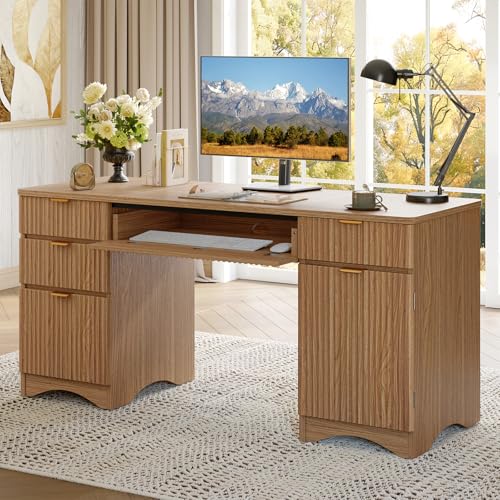 Bestier 63 Inch Fluted Executive Desk with Drawers, Wood Computer Desk with Ample File Drawer, Keyboard Tray & Storage Cabinet, Modern Home Office Desk for Study, Bedroom, Living Room, Brown - color: Rustic Brown, size: 63 Inch