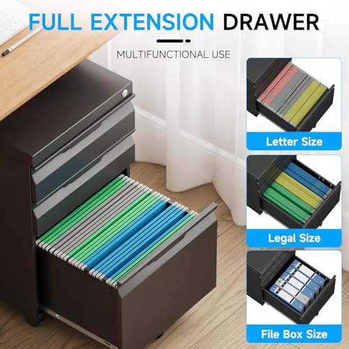 3 Drawer Mobile File Cabinet with Lock, Rolling File Cabinet with Wheels - color: Black, size: 3 Drawer