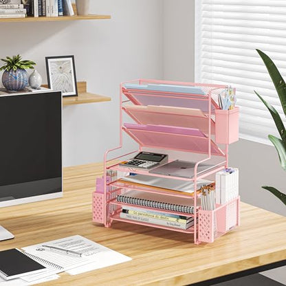 Simple Trending 7 Tier Desk File Organizer, Letter Tray Paper Organizer with Pen Holder and Metal Hanging Basket, Pink - color: 7 Tier Pink